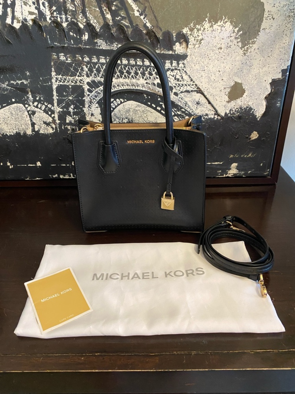 Authentic Michael Kors Black Leather Satchel with Gold Hardware